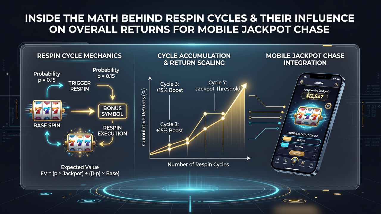 Illustration of mobile device screen displaying respin feature with overlaid RTP and cycle statistics