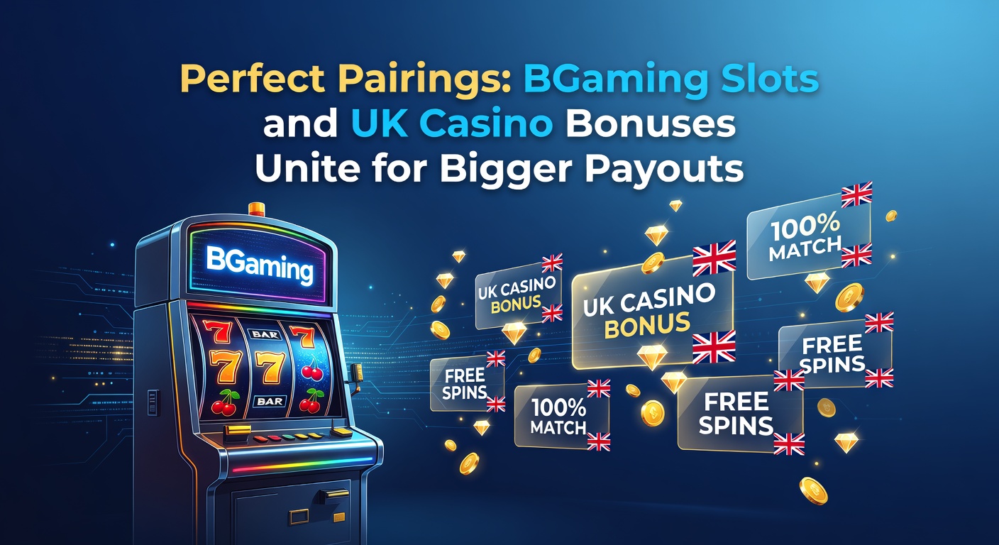 Vibrant BGaming slot reels exploding with bonus symbols alongside UK casino bonus icons like free spins and deposit matches, illustrating perfect payout synergies