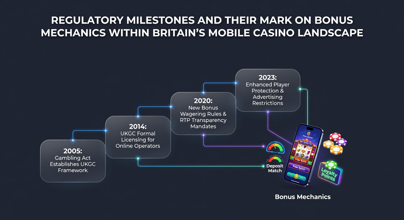 Timeline infographic showing key UK regulatory changes affecting mobile casino bonuses from 2005 to 2026